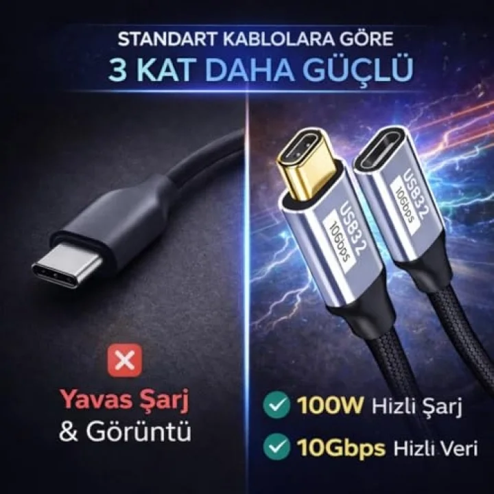 Örgü Kablo 1Mt Type-c Uzatma Kablosu 10Gbps Veri Ve Görüntü Aktarım 5A PD Hızlı Şarj Kablo