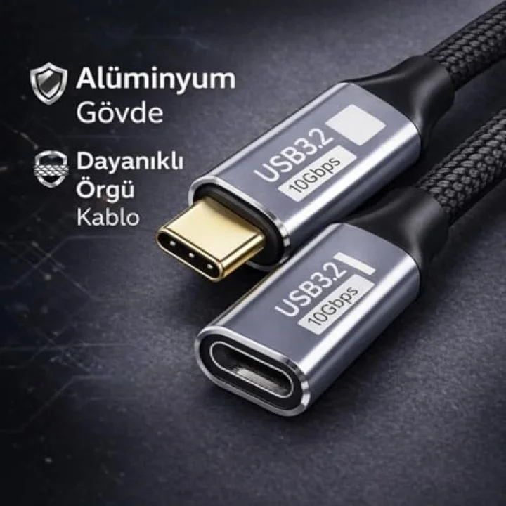 Örgü Kablo 1Mt Type-c Uzatma Kablosu 10Gbps Veri Ve Görüntü Aktarım 5A PD Hızlı Şarj Kablo