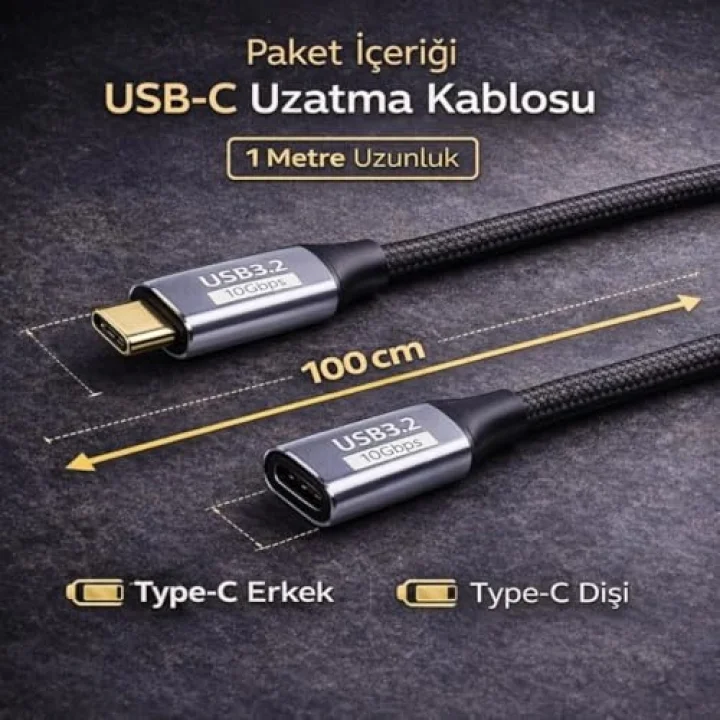 Örgü Kablo 1Mt Type-c Uzatma Kablosu 10Gbps Veri Ve Görüntü Aktarım 5A PD Hızlı Şarj Kablo