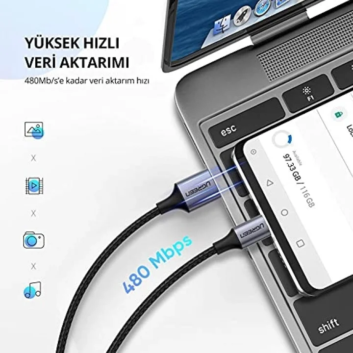Örgülü USB Type-C Şarj ve Data Kablosu, 1.5 Metre, Siyah