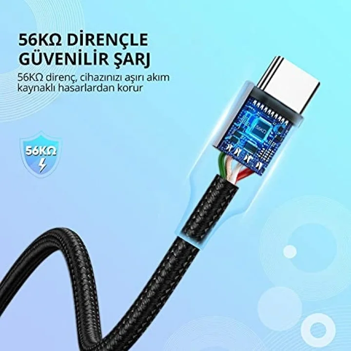 Örgülü USB Type-C Şarj ve Data Kablosu, 1.5 Metre, Siyah