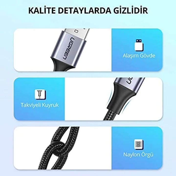 Örgülü USB Type-C Şarj ve Data Kablosu, 1.5 Metre, Siyah