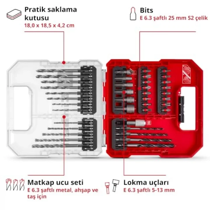 Orijinal Einhell L-CASE 40 parçalı uç ve matkap seti (25 mm uçlar, hızlı değiştirilebilir uç tutucu, lokma anahtar, havşa, metal, beton ve ahşap matkap uçları, saklama kutusu dahil) - 49109053