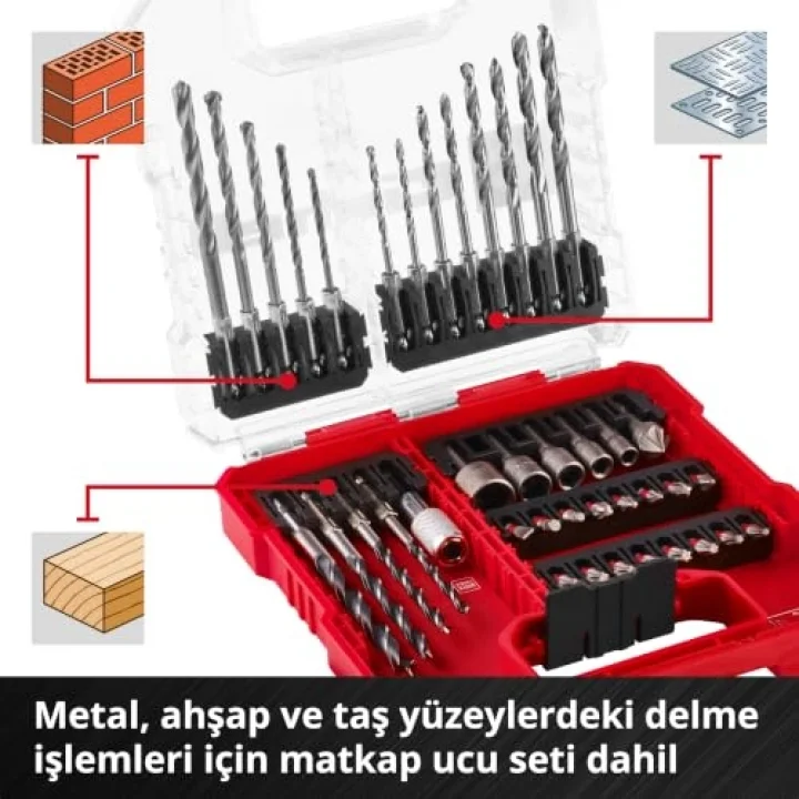 Orijinal Einhell L-CASE 40 parçalı uç ve matkap seti (25 mm uçlar, hızlı değiştirilebilir uç tutucu, lokma anahtar, havşa, metal, beton ve ahşap matkap uçları, saklama kutusu dahil) - 49109053