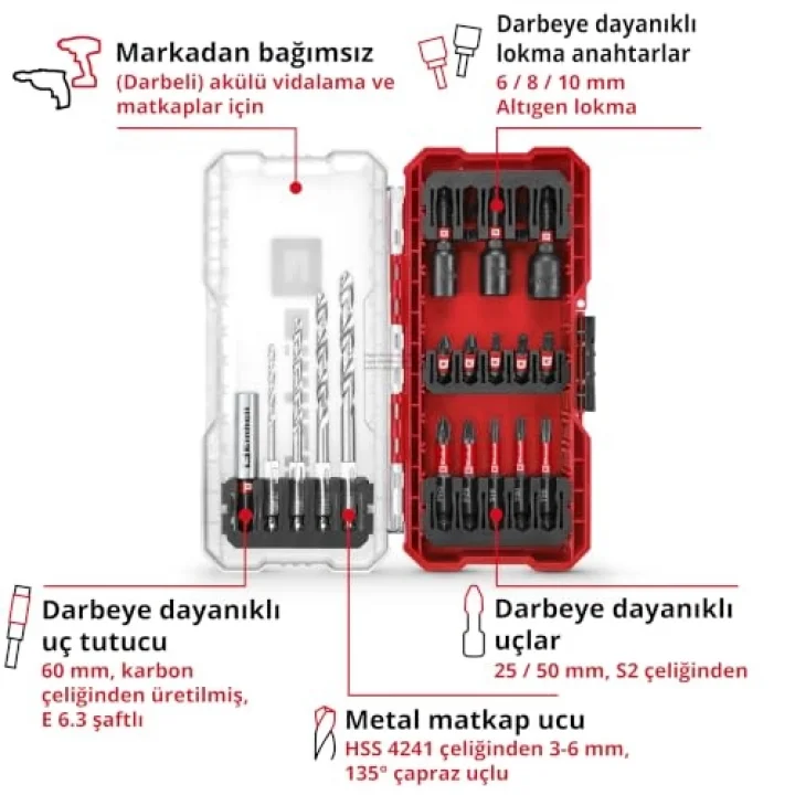 Orijinal Einhell S-CASE 18 parça darbeye dayanıklı aksesuar seti (25 mm bitler, 50 mm bitler, 60 mm bit tutucu, lokma adaptörü, metal delme ucu ve saklama kutusu dahil) - 49108709