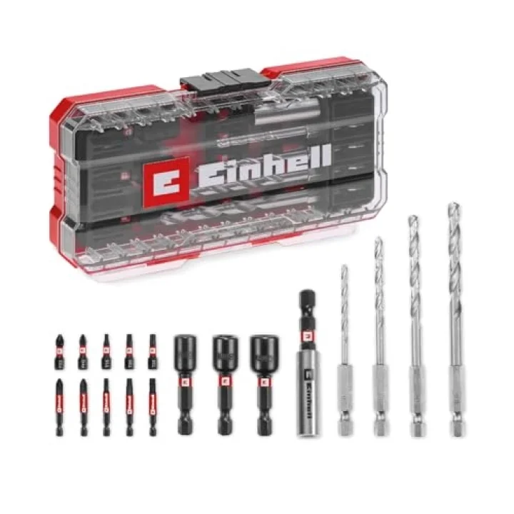 Orijinal Einhell S-CASE 18 parça darbeye dayanıklı aksesuar seti (25 mm bitler, 50 mm bitler, 60 mm bit tutucu, lokma adaptörü, metal delme ucu ve saklama kutusu dahil) - 49108709