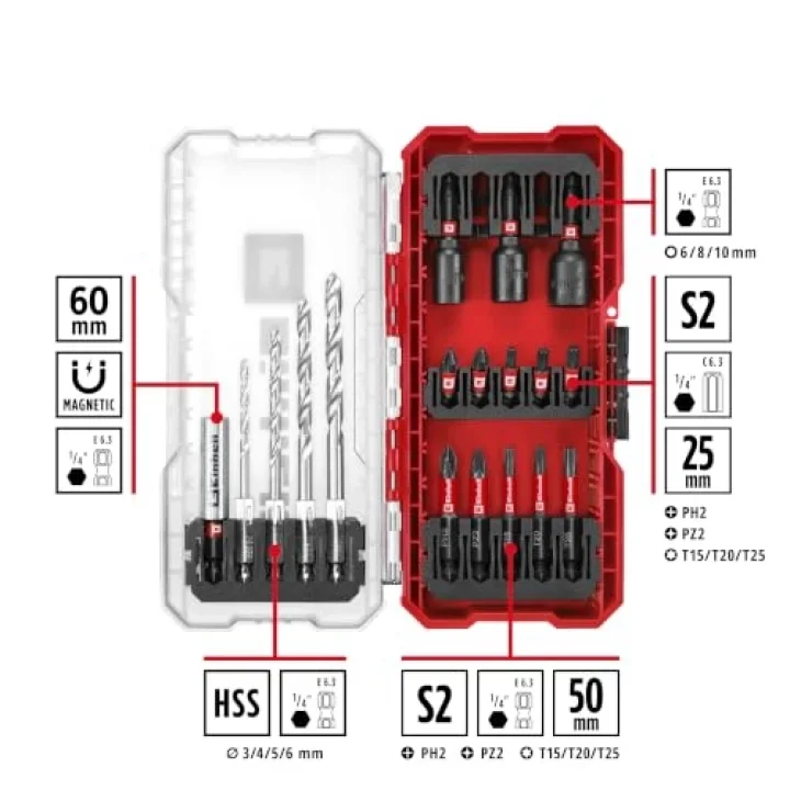 Orijinal Einhell S-CASE 18 parça darbeye dayanıklı aksesuar seti (25 mm bitler, 50 mm bitler, 60 mm bit tutucu, lokma adaptörü, metal delme ucu ve saklama kutusu dahil) - 49108709
