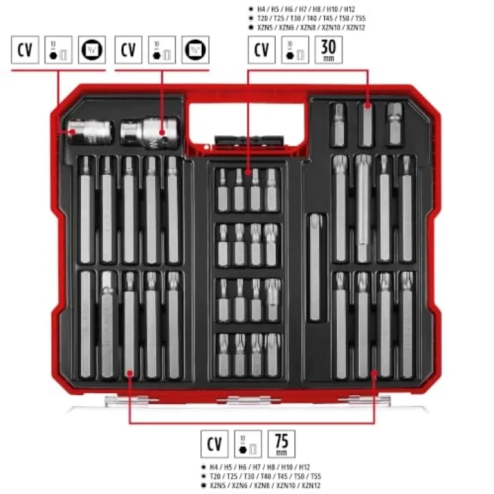 Orijinal Einhell XL-CASE Otomotiv Bit Seti – 40 Parça (10 mm Altıgen Saplı CrV Çelik Power Bitler, 10 mm Altıgen 3/8 ve 1/2 Kare Lokma Adaptörleri, Saklama Kutusu Dahil) - 49109032 | 30 ve 75 mm...