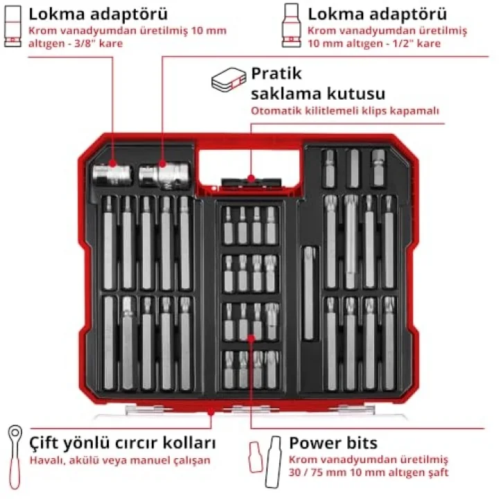 Orijinal Einhell XL-CASE Otomotiv Bit Seti – 40 Parça (10 mm Altıgen Saplı CrV Çelik Power Bitler, 10 mm Altıgen 3/8 ve 1/2 Kare Lokma Adaptörleri, Saklama Kutusu Dahil) - 49109032 | 30 ve 75 mm...