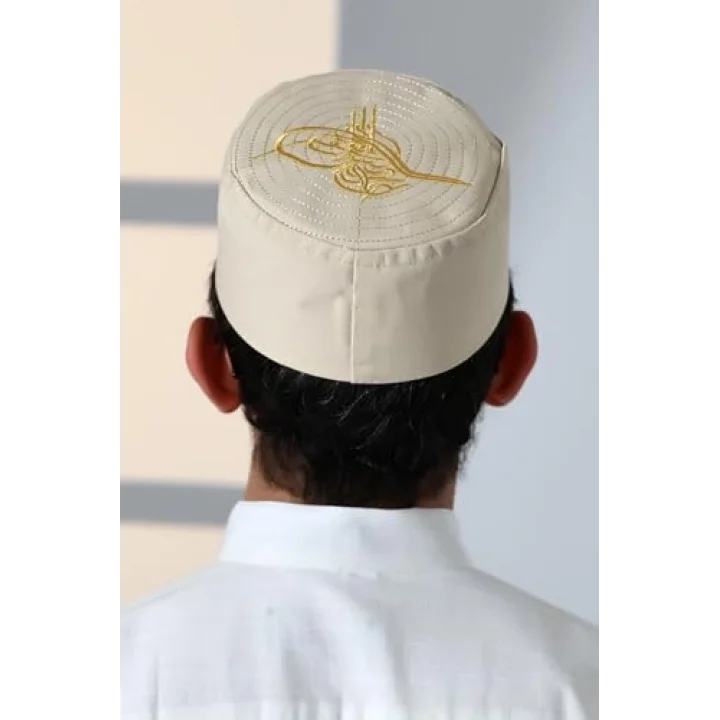 Osmanlı Tuğrası Nakışlı Kalıp Namaz Takkesi Bej Bej 58