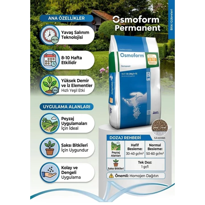 Osmoform Permanent 19-7-18+2MgO+TE Yavaş Salınımlı Bitki Gübresi 8-10 Hafta 25 KG