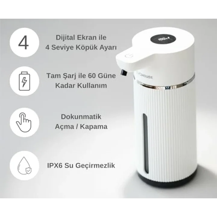 Otomatik Sensörlü Köpük Sıvı Sabunluk - Şarjlı- Dijital LED Ekran - Duvara Monte - E15 Model (Beyaz)