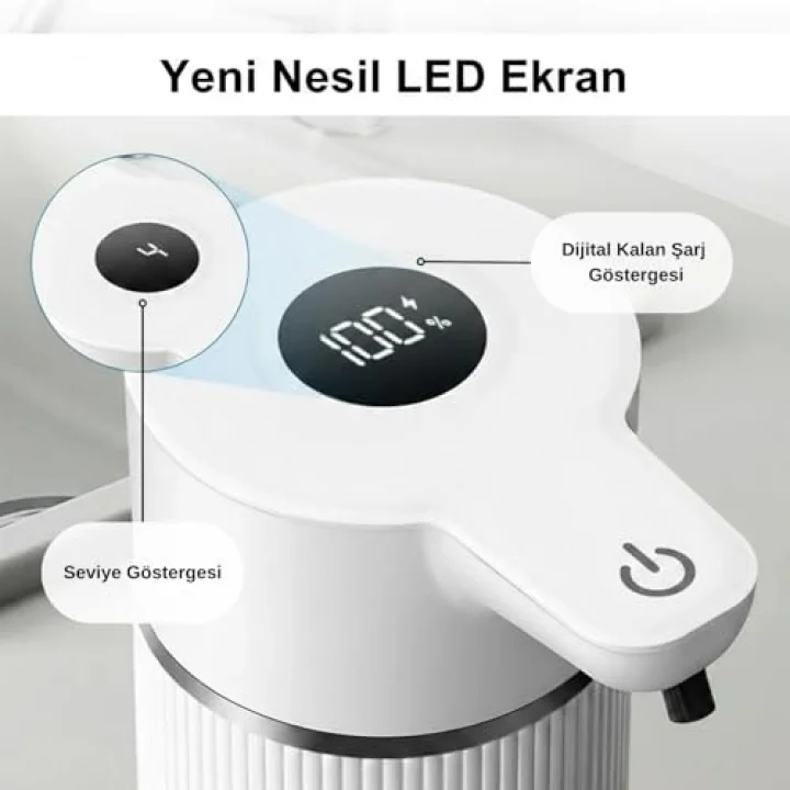 Otomatik Sensörlü Köpük Sıvı Sabunluk - Şarjlı- Dijital LED Ekran - Duvara Monte - E15 Model (Beyaz)
