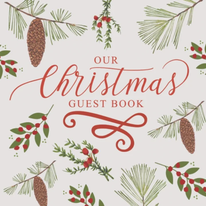 Our Christmas Guest Book: Perfect Bound Soft Cover, Christmas Script Lettering, 8.5” x 8.5”, 40 Question Pages for Guests to Journal
