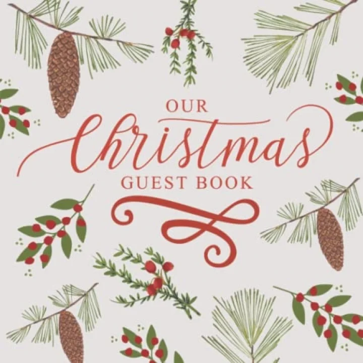 Our Christmas Guest Book: Perfect Bound Soft Cover, Christmas Script Lettering, 8.5” x 8.5”, 40 Question Pages for Guests to Journal