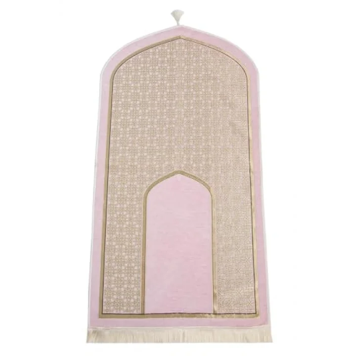 Oval Mihrap Desenli Püsküllü Lüks Şönil Seccade Pembe