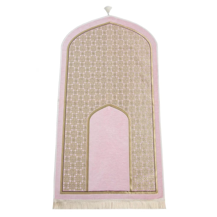 Oval Mihrap Desenli Püsküllü Lüks Şönil Seccade Pembe