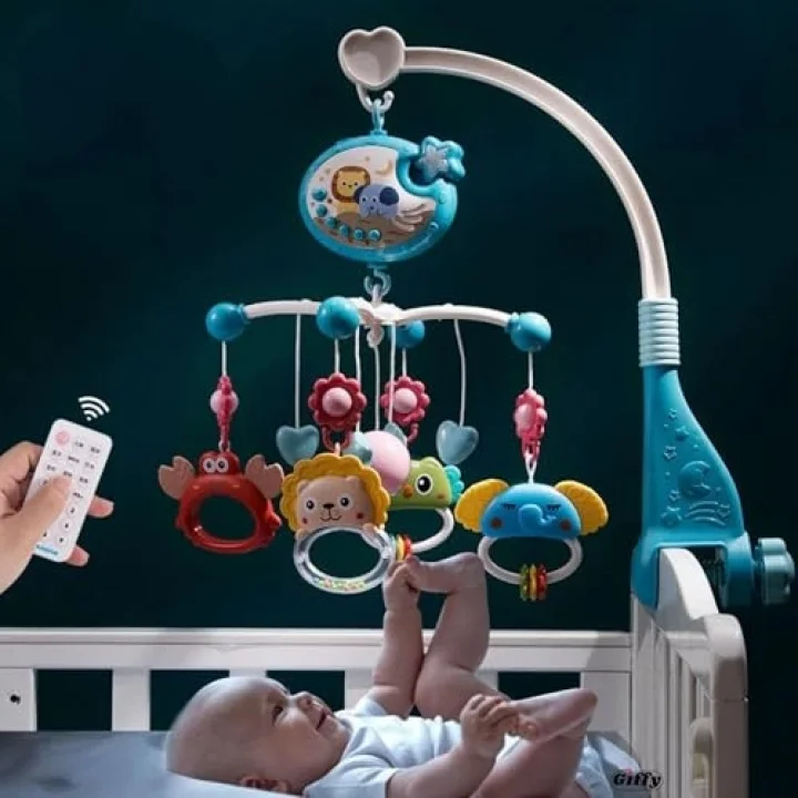 Oyuncak Pilli Işıklı Müzikli Projektörlü Kumandalı Sabitlemeli Dönence Çıngıraklı Dişlikli Bebek Yatıştırıcı Zaman Ayarlı (mavi)