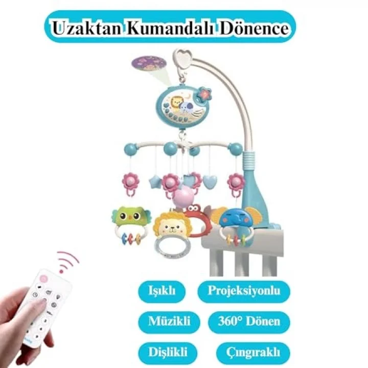 Oyuncak Pilli Işıklı Müzikli Projektörlü Kumandalı Sabitlemeli Dönence Çıngıraklı Dişlikli Bebek Yatıştırıcı Zaman Ayarlı (mavi)