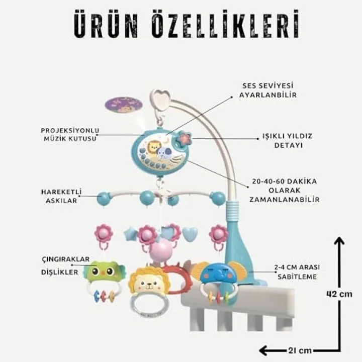 Oyuncak Pilli Işıklı Müzikli Projektörlü Kumandalı Sabitlemeli Dönence Çıngıraklı Dişlikli Bebek Yatıştırıcı Zaman Ayarlı (mavi)