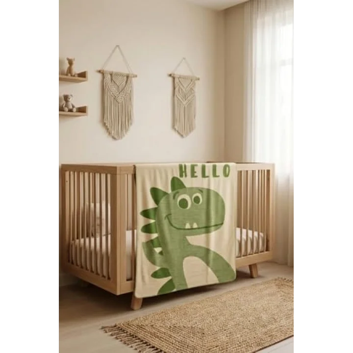Pamuklu Dinazor Desenli Yumuşak Bebek Battaniyesi