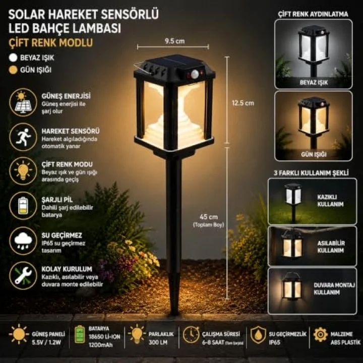 Panter Solar Bahçe Aydınlatması, Balkon Dekorasyonu, Güneş Enerjili Hareket Sensörlü, 3000K Sarı Gün Işığı Filament LED Dış Mekan Su Geçirmez Çim Yol Peyzaj Patika Aydınlatma Dekoratif Lamba 55 CM