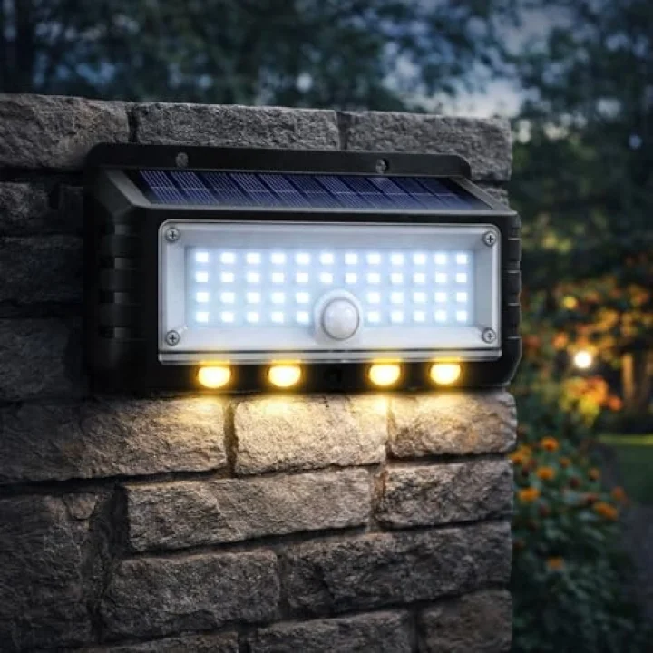 Panter Solar Hareket Sensörlü LED Duvar Lambası 3W 44 SMD Beyaz + 4 Gün Işığı LED, 300 Lümen, IP65 Su Geçirmez, 3 Modlu Güneş Enerjili Aplik, Balkon ve Bahçe Aydınlatması