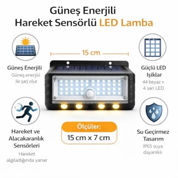 Panter Solar Hareket Sensörlü LED Duvar Lambası 3W 44 SMD Beyaz + 4 Gün Işığı LED, 300 Lümen, IP65 Su Geçirmez, 3 Modlu Güneş Enerjili Aplik, Balkon ve Bahçe Aydınlatması