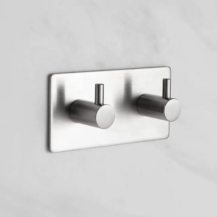 Paslanmaz Çelik 2 Topuzlu Bornoz Askısı Havluluk XL Askılık inox - Kendinden yapışkanlı