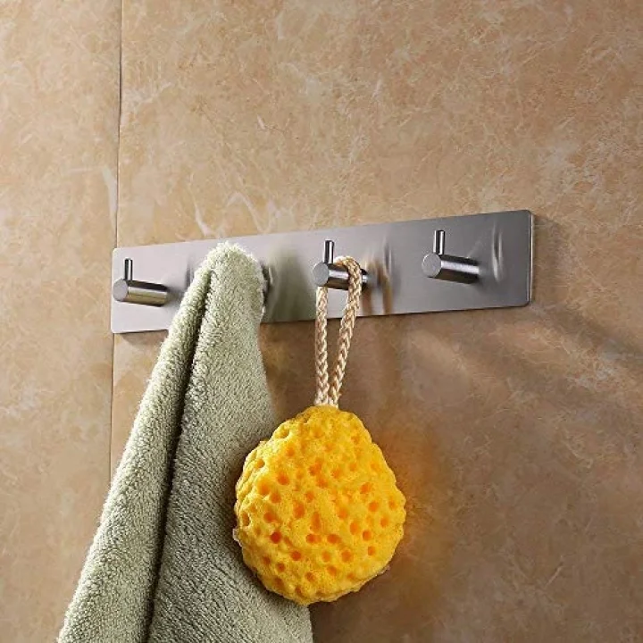 Paslanmaz Çelik 4 Topuzlu Bornoz Askısı Havluluk - Banyo Askısı - inox - Kendinden Yapışmalı