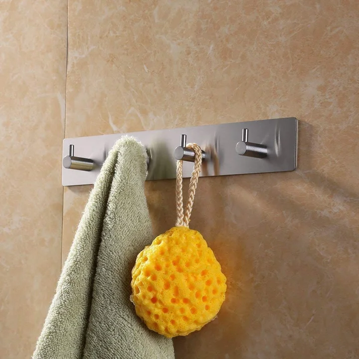 Paslanmaz Çelik 4 Topuzlu Bornoz Askısı Havluluk - Banyo Askısı - inox - Kendinden Yapışmalı