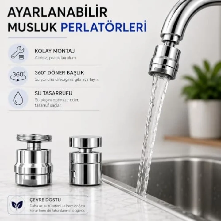 Paslanmaz Çelik Ayarlanabilir Musluk Ucu 2’li Set – Dış Montaj (Dış Giriş) Perlatör Başlığı, 360° Döner Su Tasarruflu Filtre Aparatı, Sıçrama Önleyici, Mutfak ve Banyo Uyumlu.
