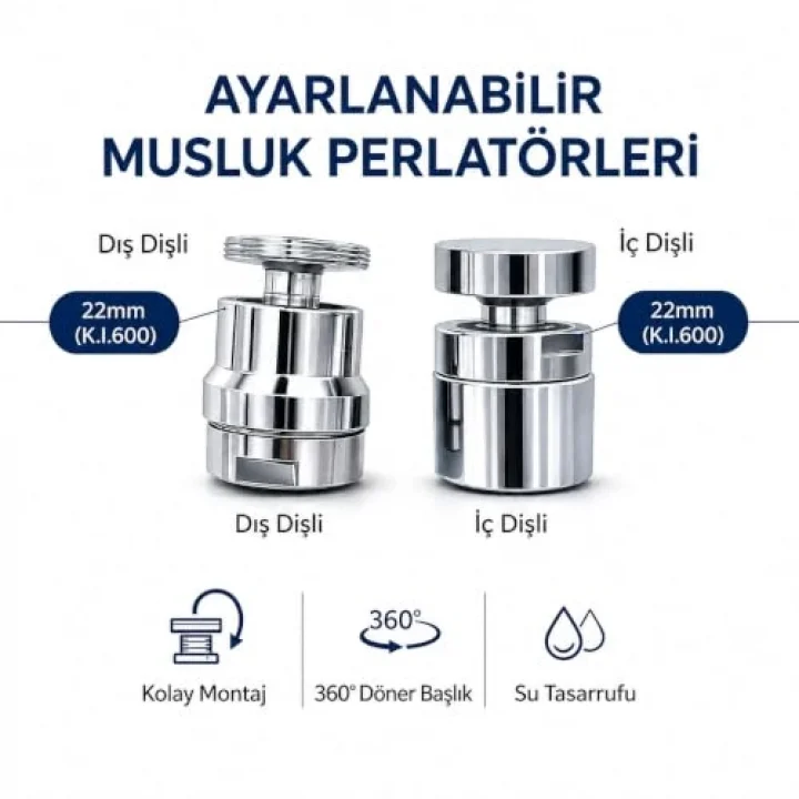 Paslanmaz Çelik Ayarlanabilir Musluk Ucu 2’li Set – Dış Montaj (Dış Giriş) Perlatör Başlığı, 360° Döner Su Tasarruflu Filtre Aparatı, Sıçrama Önleyici, Mutfak ve Banyo Uyumlu.