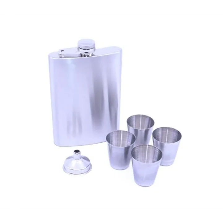 Paslanmaz Çelik Dört Shot Bardaklı Matara Seti - Mat Krom