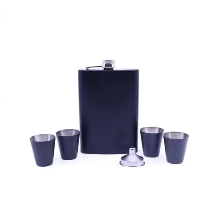 Paslanmaz Çelik Dört Shot Bardaklı Matara Seti - Mat Siyah