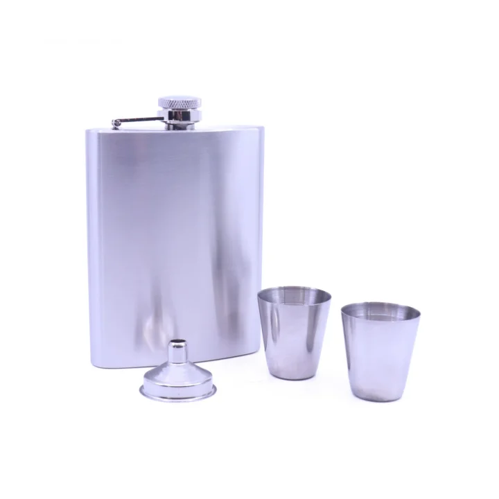 Paslanmaz Çelik İki Shot Bardaklı Matara Seti - Mat Krom