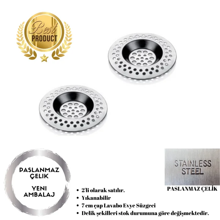 Paslanmaz Çelik Mutfak Filtre Lavabo Süzgeci Küvet Tıkacı 2 Adet Evye Easyso4030