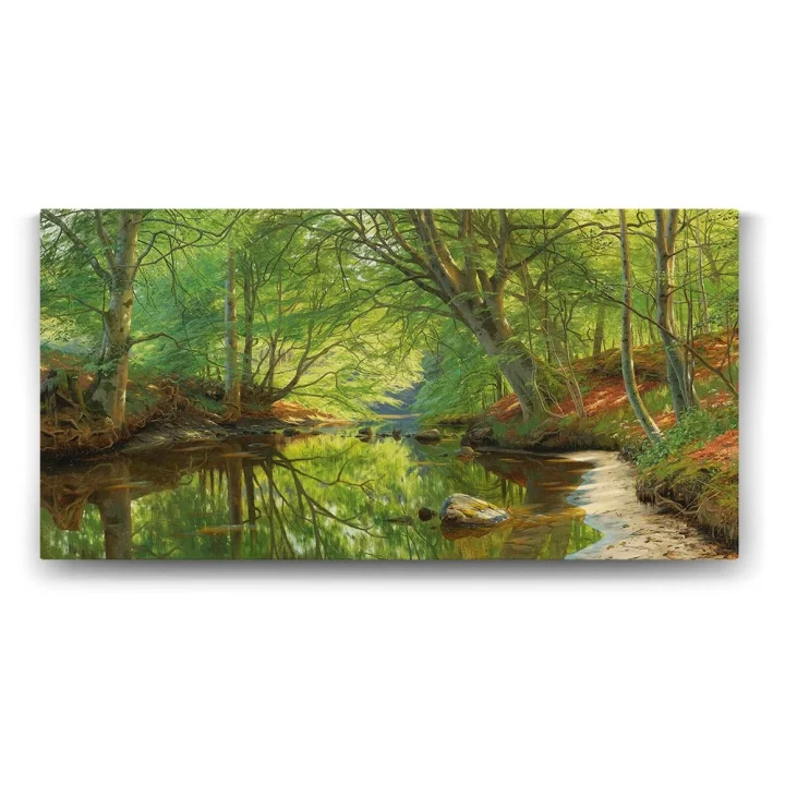 Peder Mork Monsted - Sunset Over a Forest Lake Tablosu - 160x80cm