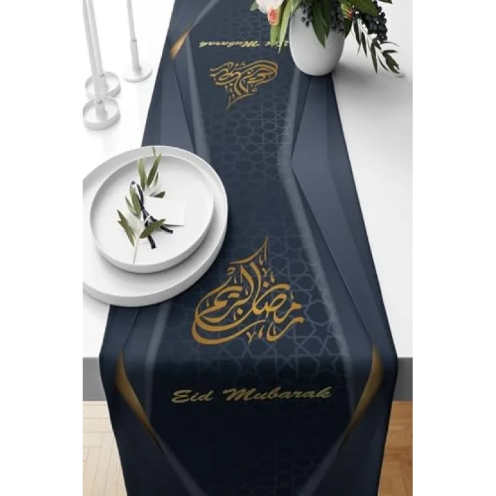Pelangi Bordo Eid Mubarak Ramazan Temalı Leke Tutmaz Kumaş Salon Mutfak Masa Değişik Ranır Modelleri Runner, Bordo-Gold 40 x 140