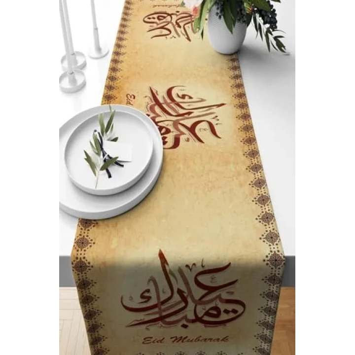 Pelangi Bordo Eid Mubarak Ramazan Temalı Leke Tutmaz Kumaş Salon Mutfak Masa Değişik Ranır Modelleri Runner, Bordo-Gold 40 x 140