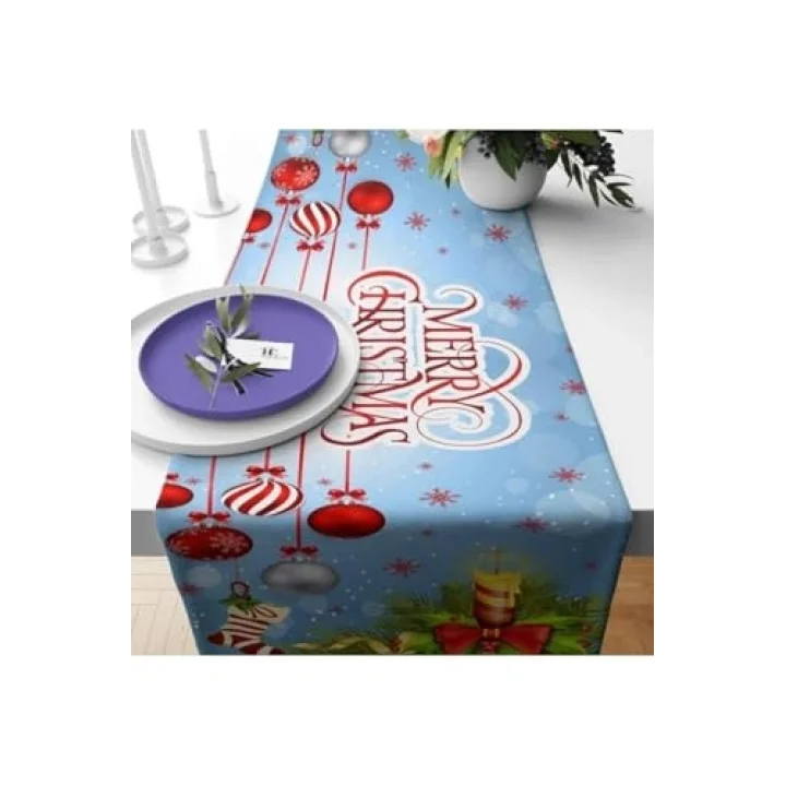 Pelangi Merry Christmas Yılbaşı Tema Leke Tutmaz Kumaş Runner, Kırmızı-Mavi 40 x 140