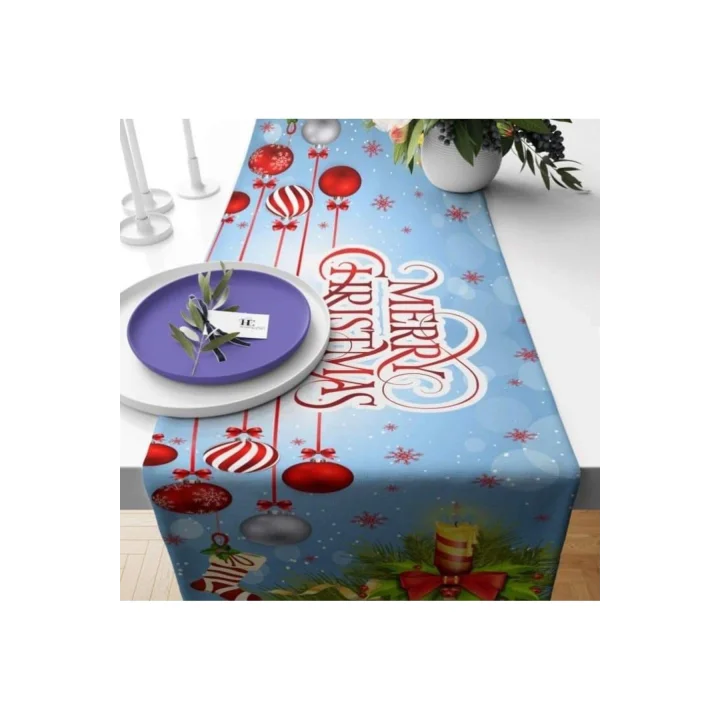 Pelangi Merry Christmas Yılbaşı Tema Leke Tutmaz Kumaş Runner, Kırmızı-Mavi 40 x 140