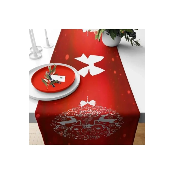 Pelangi Merry Christmas Yılbaşı Tema Leke Tutmaz Kumaş Runner, Kırmızı-Mavi 40 x 140