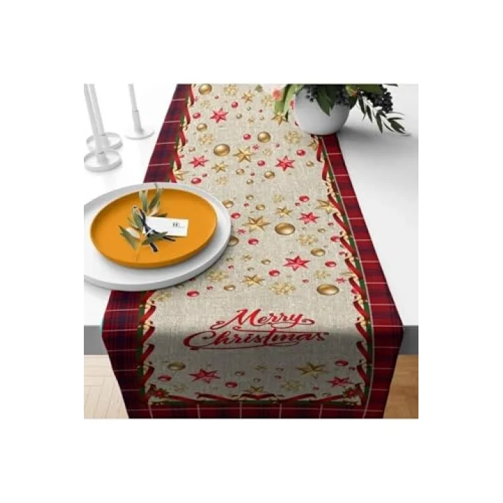 Pelangi Merry Christmas Yılbaşı Tema Leke Tutmaz Kumaş Runner, Kırmızı-Mavi 40 x 140