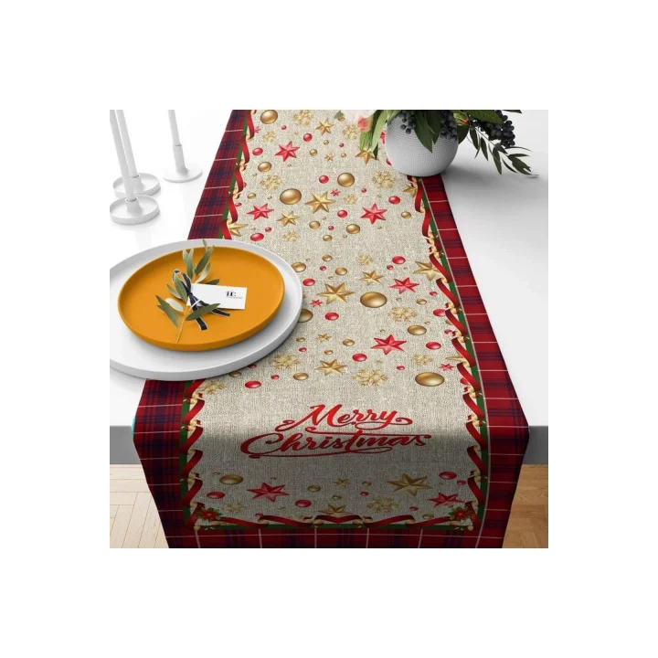 Pelangi Merry Christmas Yılbaşı Tema Leke Tutmaz Kumaş Runner, Kırmızı-Mavi 40 x 140