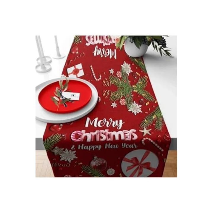 Pelangi Merry Christmas Yılbaşı Tema Leke Tutmaz Kumaş Runner, Kırmızı-Mavi 40 x 140