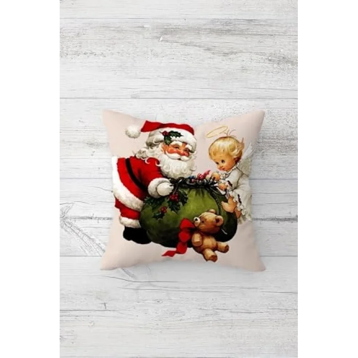 Pelangi Noel Baba Yılbaşı Temalı Çift Tarafı Baskı Gizli Fermuar Yastık Kılıfı Kırlent Koltuk Yastık Kılıfı, pudra 45 x 45, 24691173945451