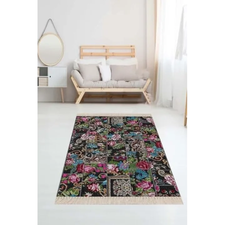 Pelangi Patchwork Gül Desenli Halı, Siyah-Mavi 80 x 400