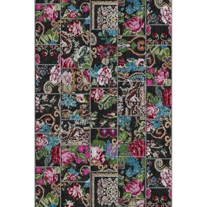 Pelangi Patchwork Gül Desenli Halı, Siyah-Mavi 80 x 400