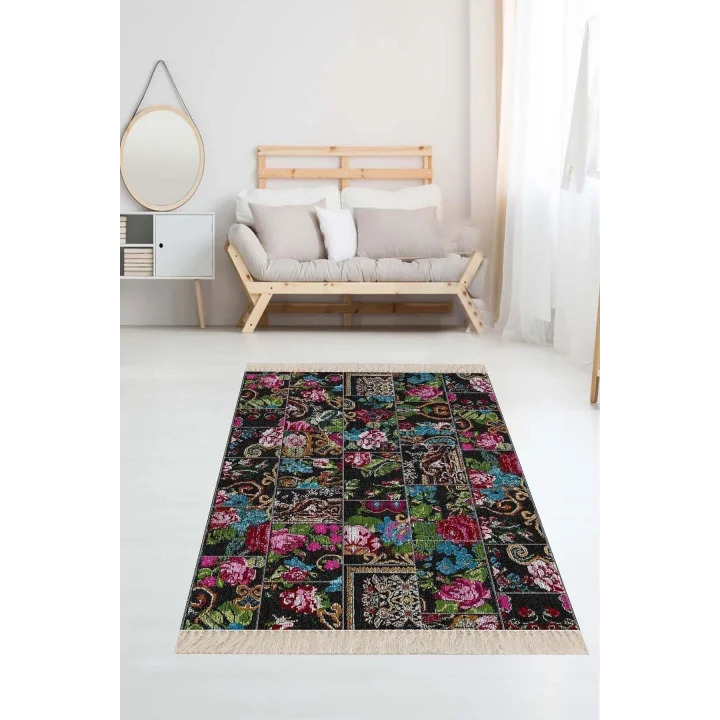 Pelangi Patchwork Gül Desenli Halı, Siyah-Mavi 80 x 400